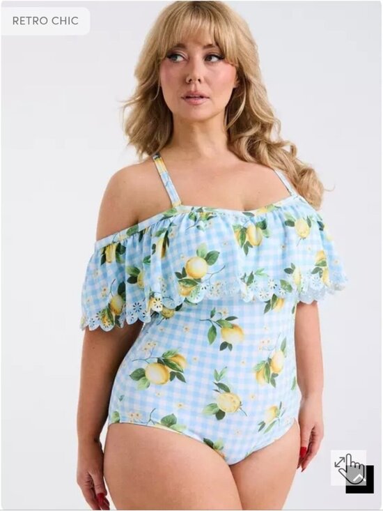 torrid Other - Torrid Retro Chic Off-Shoulder One Piece Swimsuit lemons light blue plaid Sz 0x